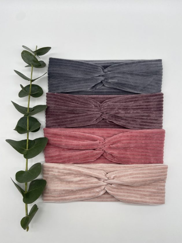 Haarband aus Cord in Anthrazit, Lila, Altrosa und Rosa