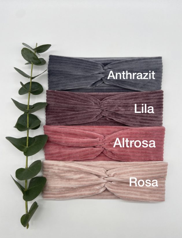 Haarband aus Cord in Anthrazit, Lila, Altrosa und Rosa – Bild 2