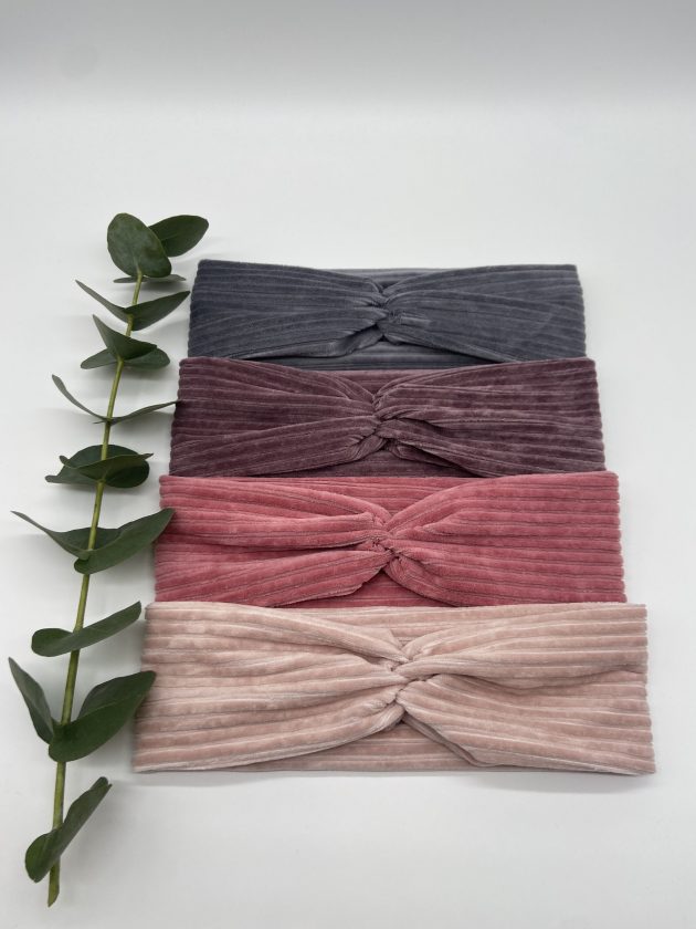Haarband aus Cord in Anthrazit, Lila, Altrosa und Rosa – Bild 3