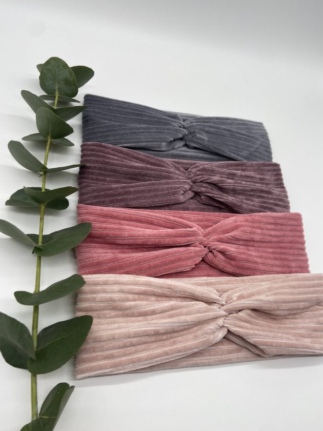Haarband aus Cord in Anthrazit, Lila, Altrosa und Rosa – Bild 4