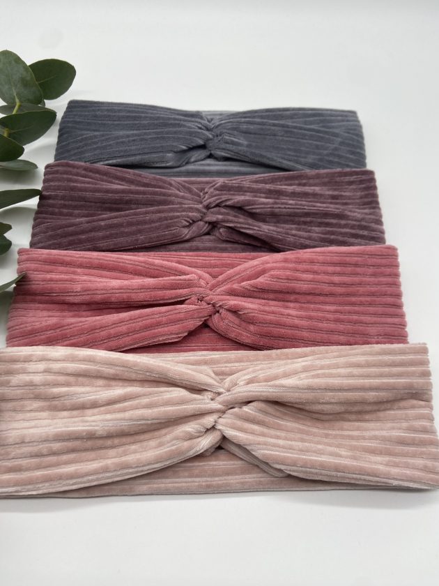 Haarband aus Cord in Anthrazit, Lila, Altrosa und Rosa – Bild 5