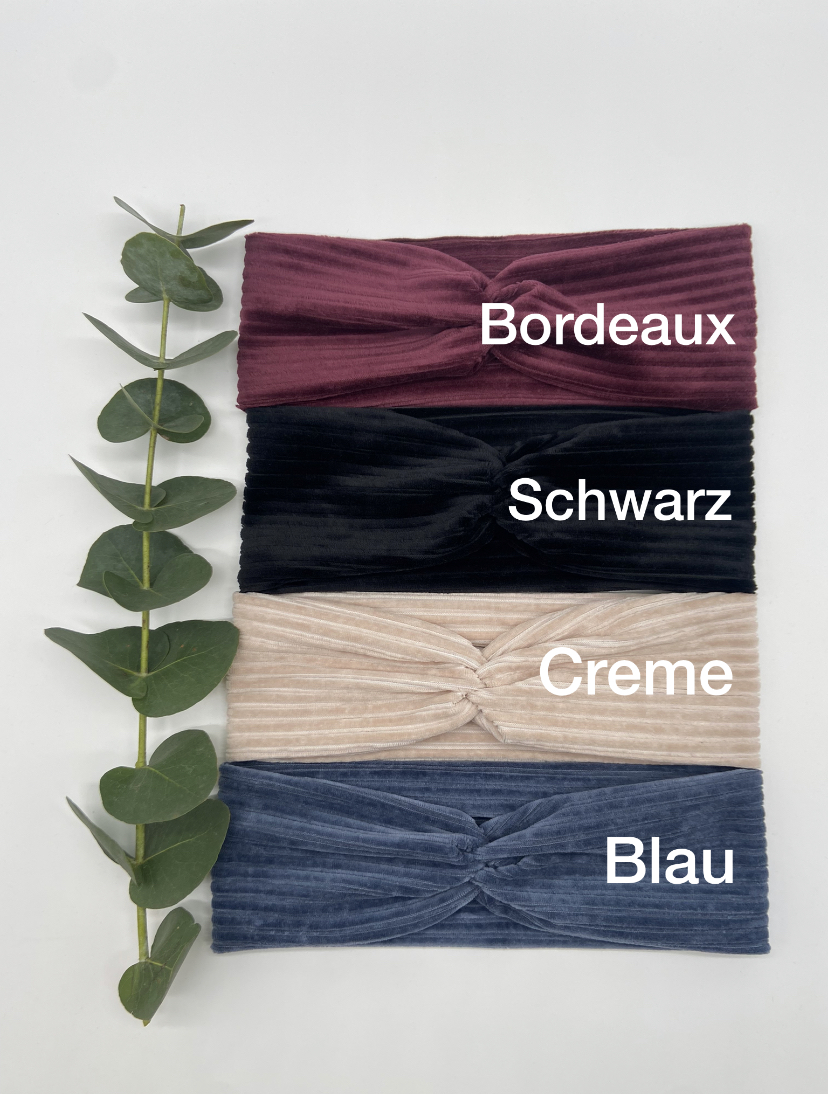 Haarband aus Cord in Bordeaux, Schwarz, Creme und Blau – Bild 2