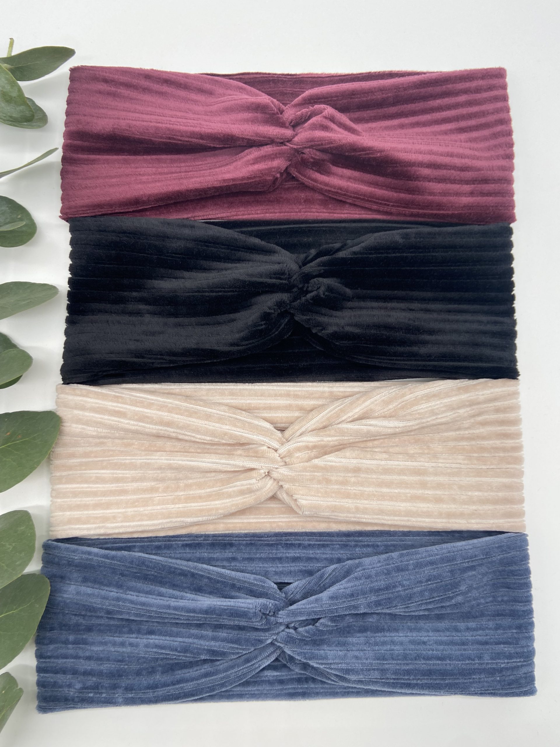 Haarband aus Cord in Bordeaux, Schwarz, Creme und Blau – Bild 5